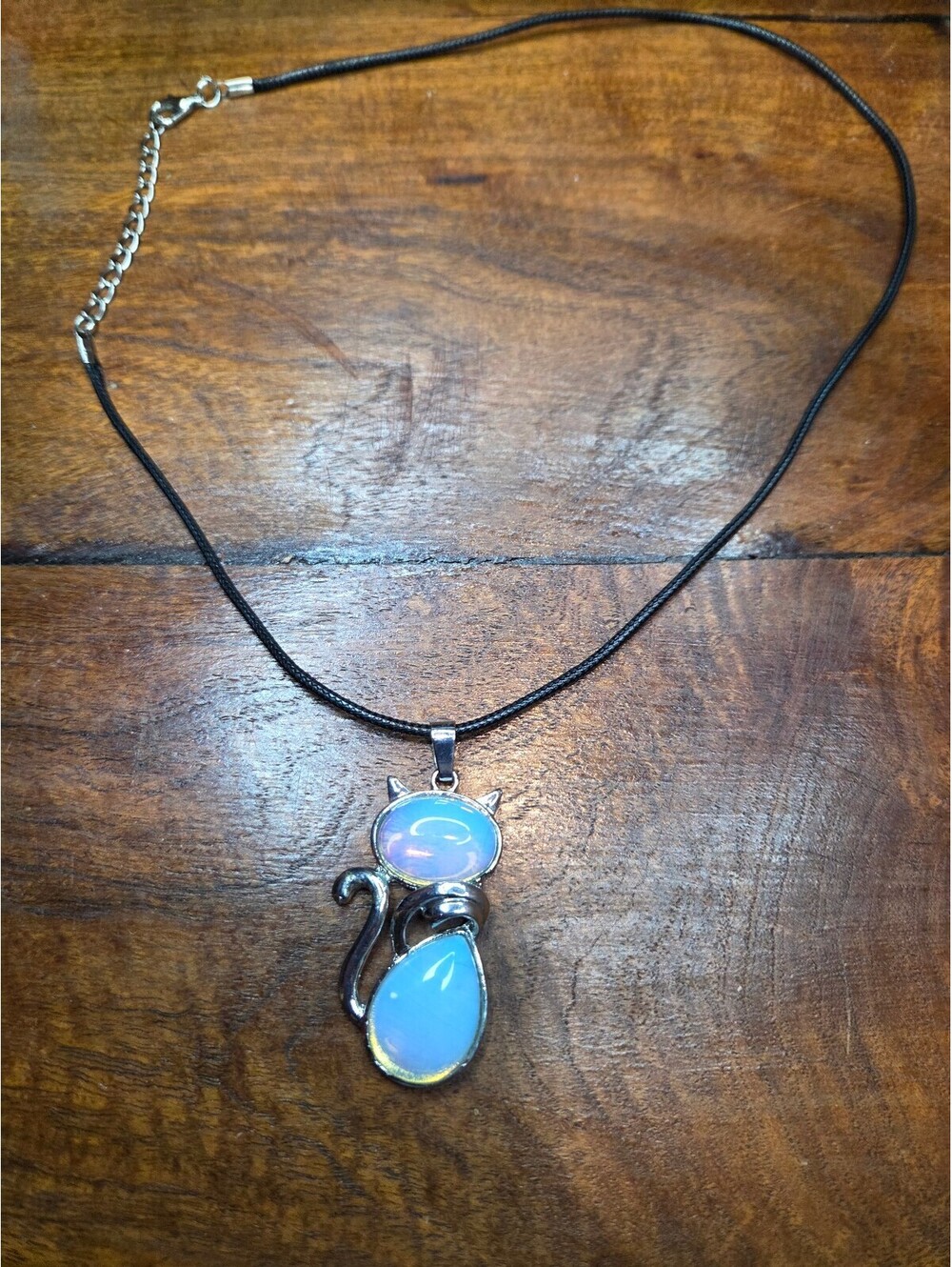 Cat Pendant Necklace with Opalite Stones on Black Cord